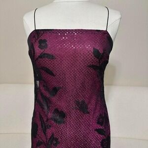 Vintage Rampage Magenta Pink Sequin Black Floral Mesh Overlay Maxi Dress Size 7